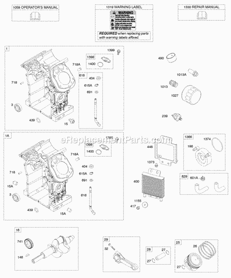 Cylinders Crankshaft PistonRingsConnecting Rod PistonsRingsConnecting Rods Diagram and Parts List for  Briggs and Stratton Engine